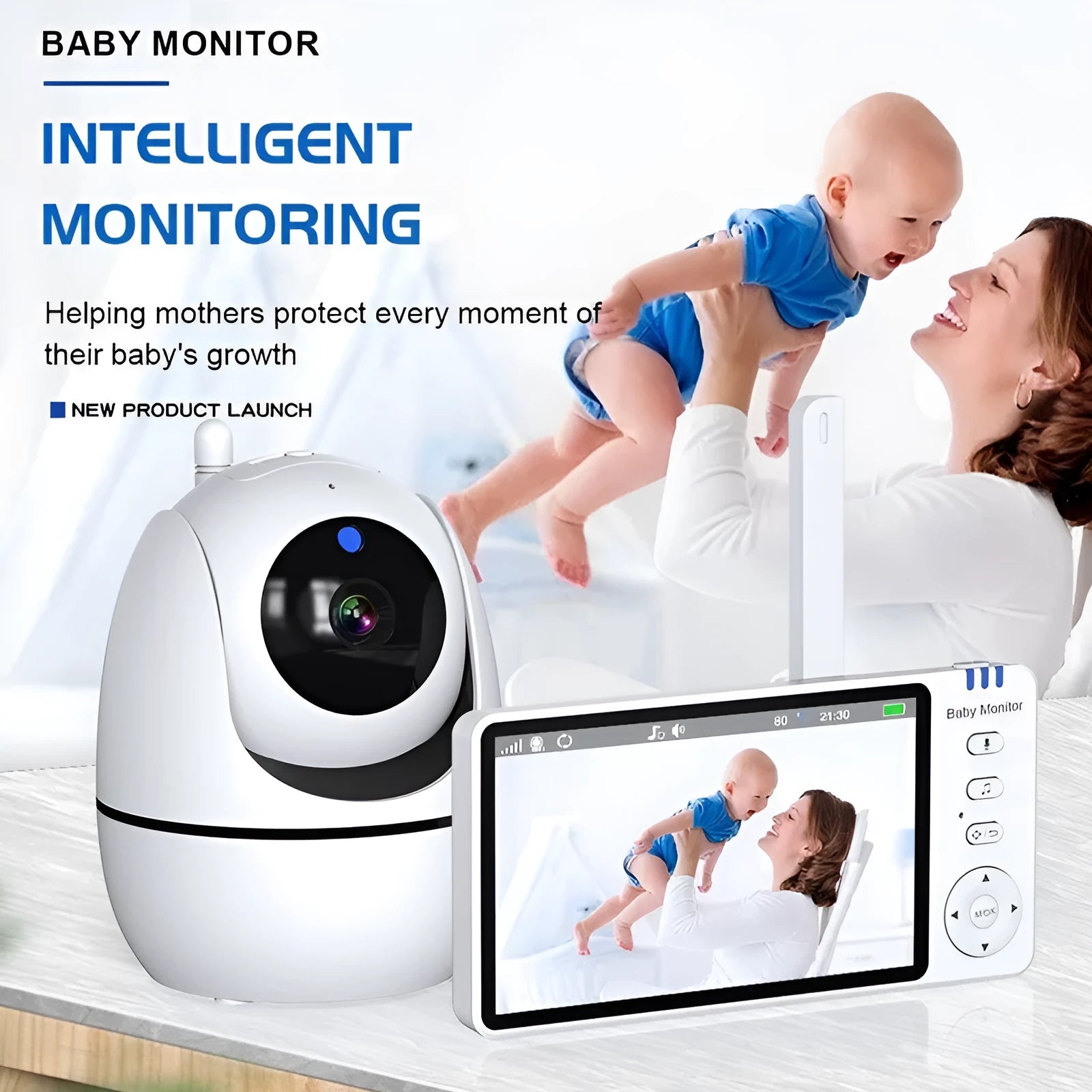 White HD wireless baby monitor with 5.0-inch LCD screen and camera on a nursery shelf