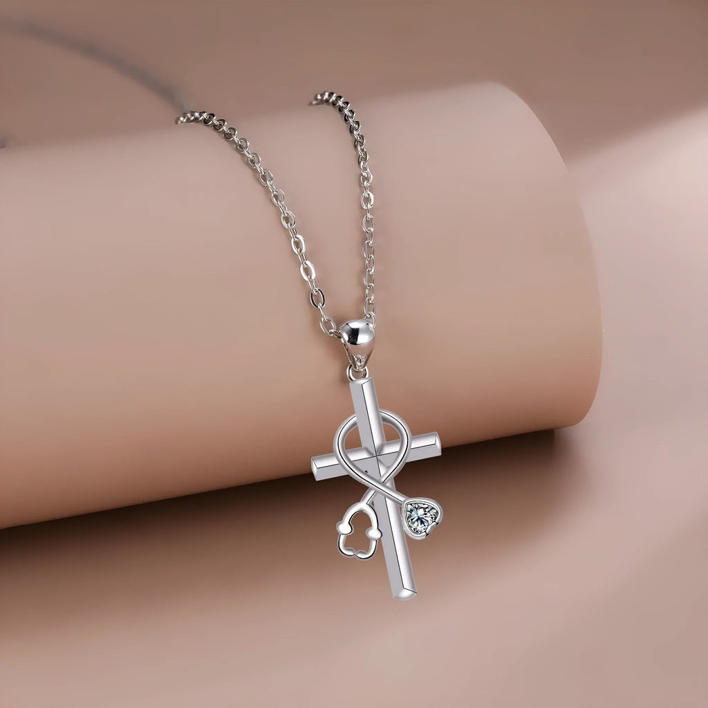 Copper cross stethoscope necklace with electroplated finish and medical pendant charm