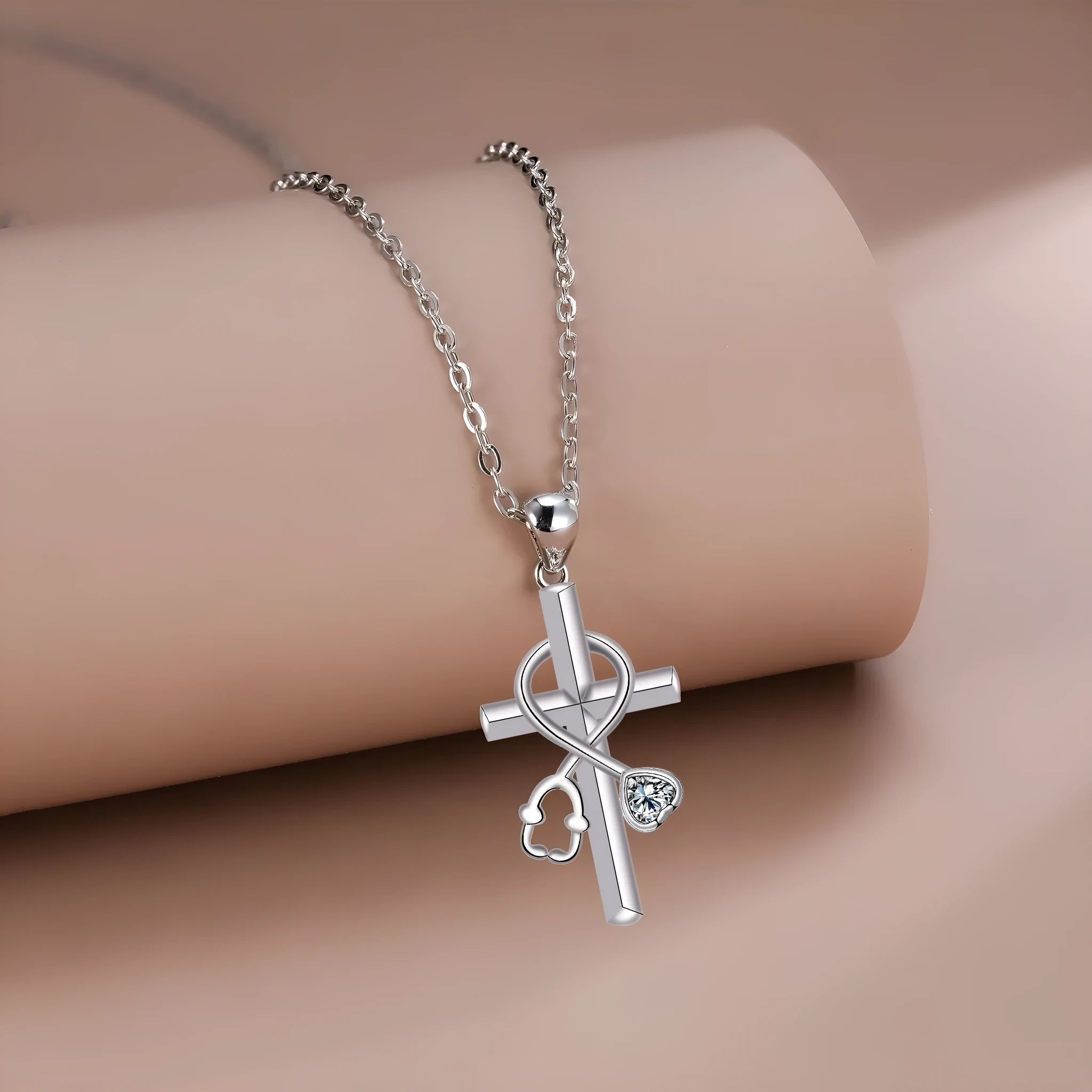 Copper cross stethoscope necklace with electroplated finish and medical pendant charm