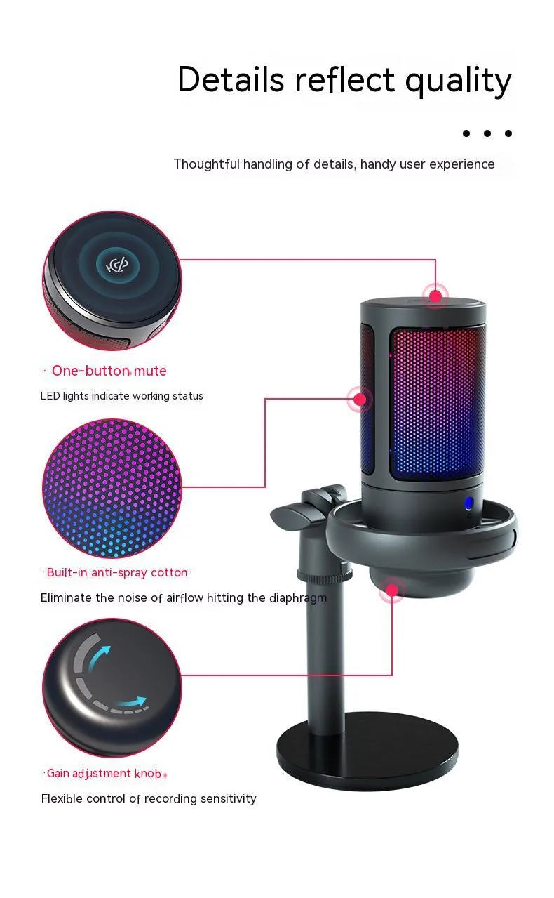 RGB USB condenser microphone in black, white, and pink colours for computer recording