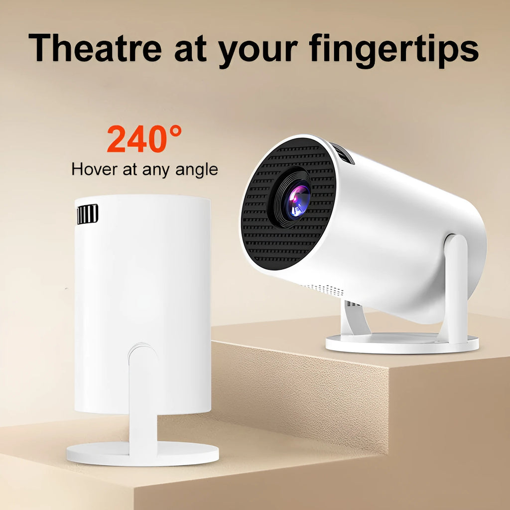 White mini wireless portable projector displaying HD content on wall