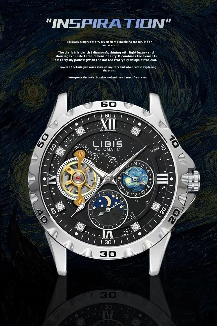 Men's silver case automatic watch with black dial, luminous hands and transparent mechanical case back