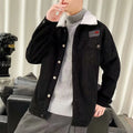 Men's loose fit corduroy workwear jacket in solid khaki green or black with stick pockets