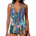 Women's printed triangle bikini swimsuit in spandex with colour-block pattern, showing front and back views.