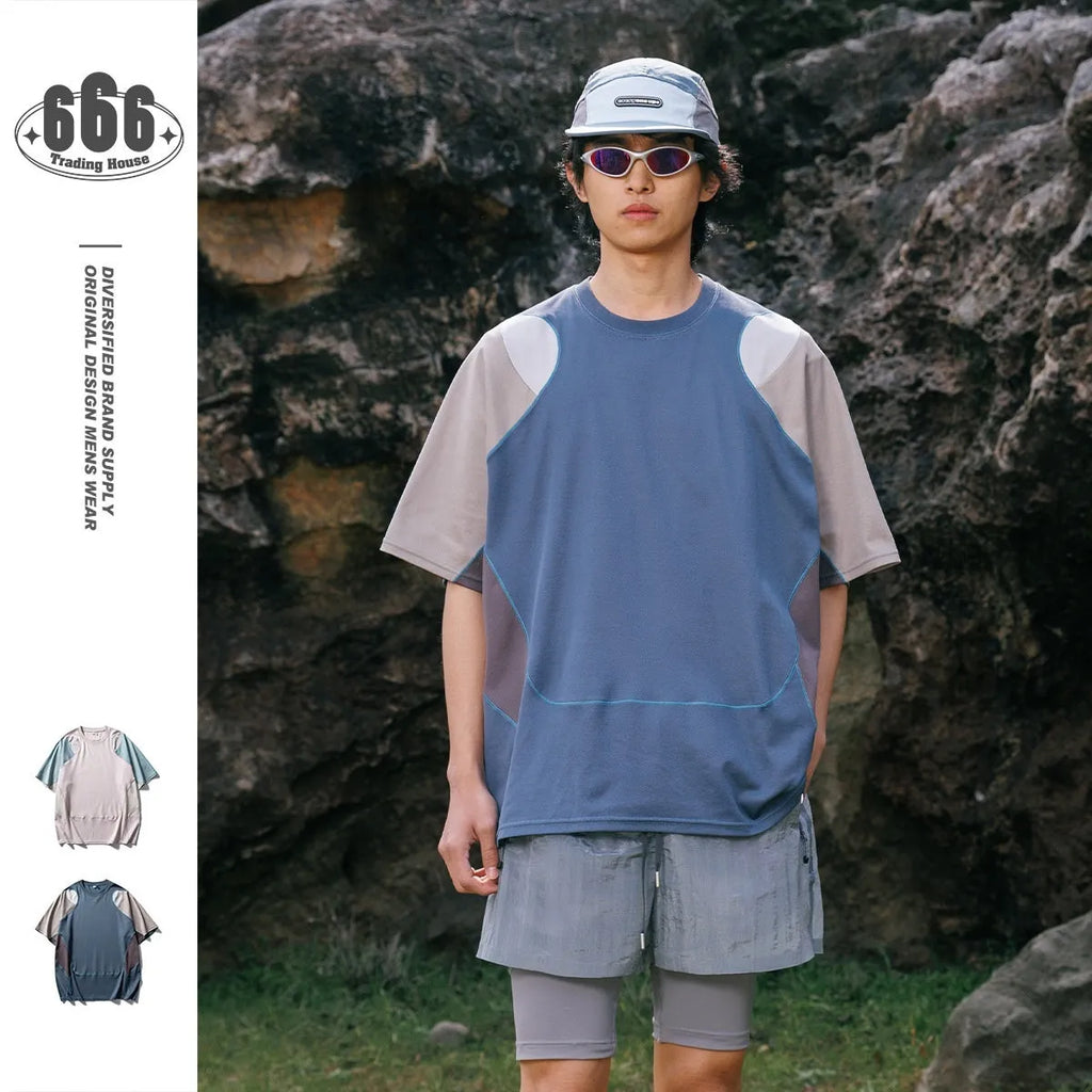 Men's loose fit patchwork sports t-shirt in cotton blend with raglan short sleeves