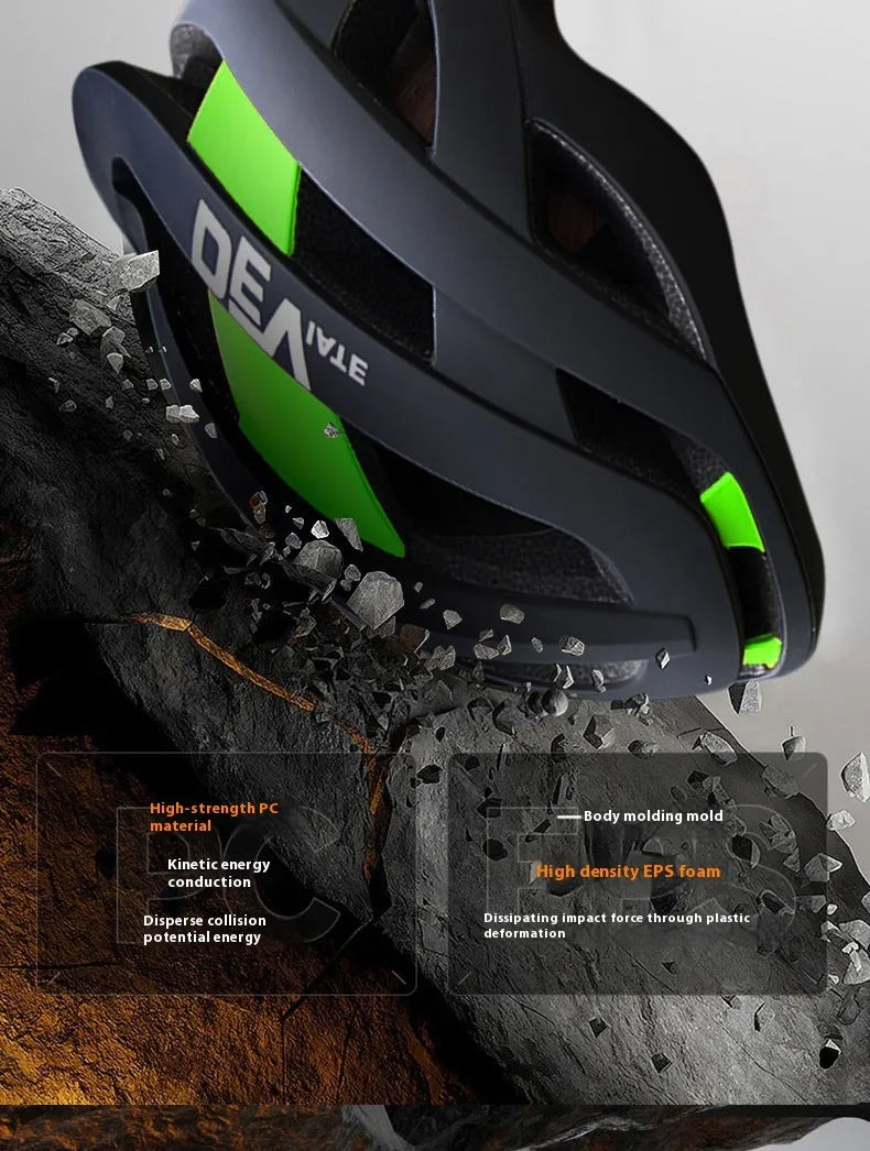Unisex adult bicycle helmet in matte black and blue colour, with adjustable dial and EPS PC construction