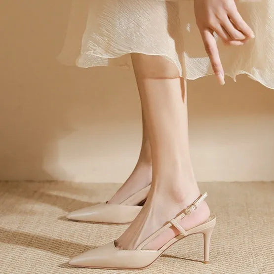 Women's one-line buckle toe high-heeled sandals in apricot with rubber sole and thin belt buckle detail