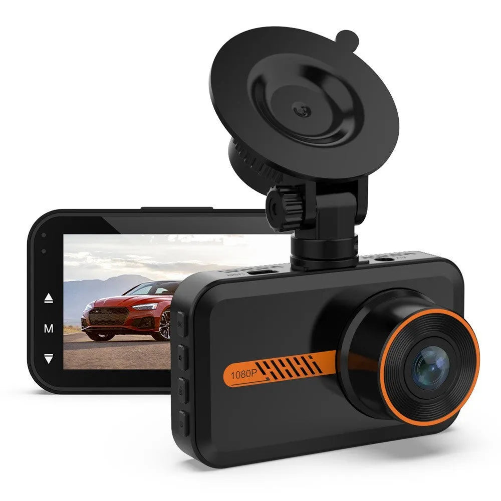 ThiEYE dual dash cam front and rear 1080P screen showing road view with mount and cables