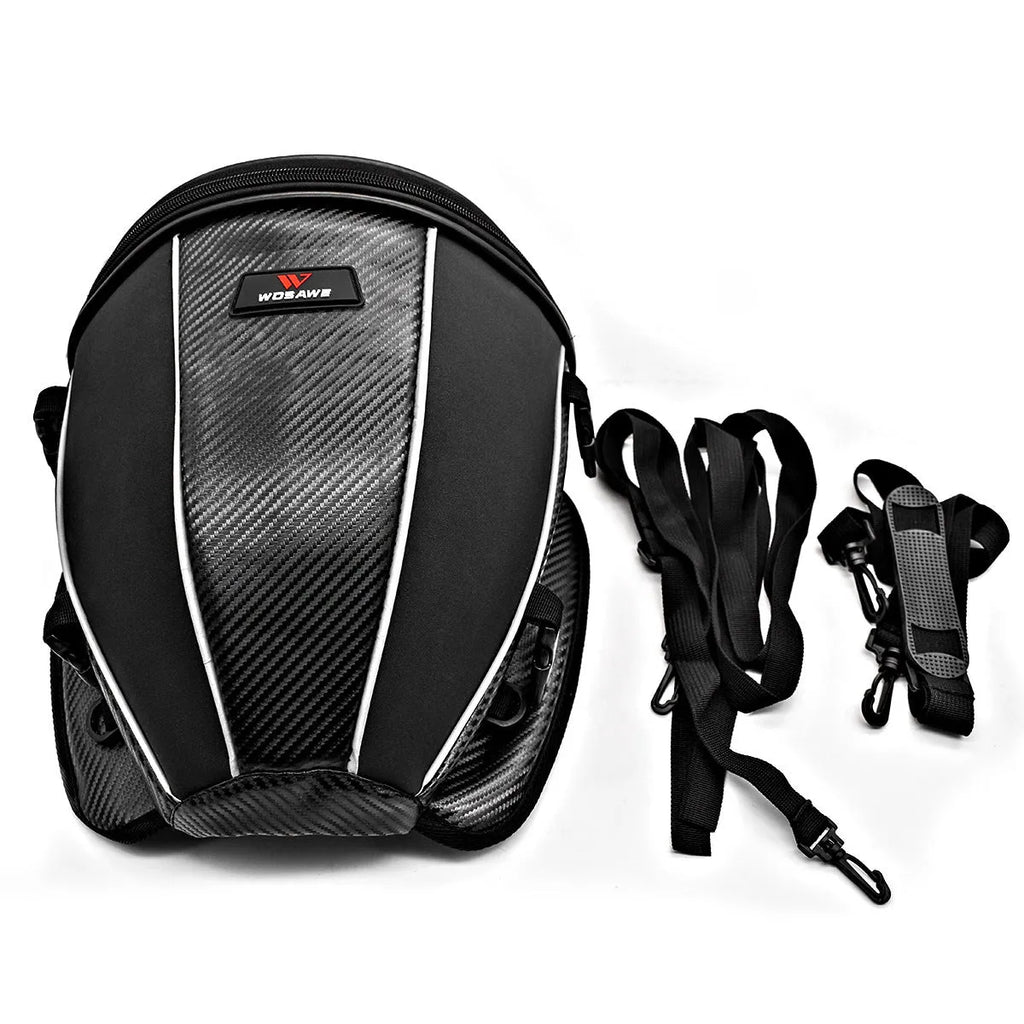 Black motorcycle fuel tank bag with reflective stripe, 15-litre capacity, mounted on a motorcycle seat
