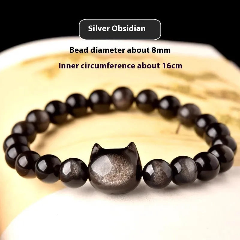 Natural obsidian cat head bracelet with round polished beads, gold or silver style accessory, 8mm or 10mm unisex