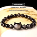 Natural obsidian cat head bracelet with round polished beads, gold or silver style accessory, 8mm or 10mm unisex