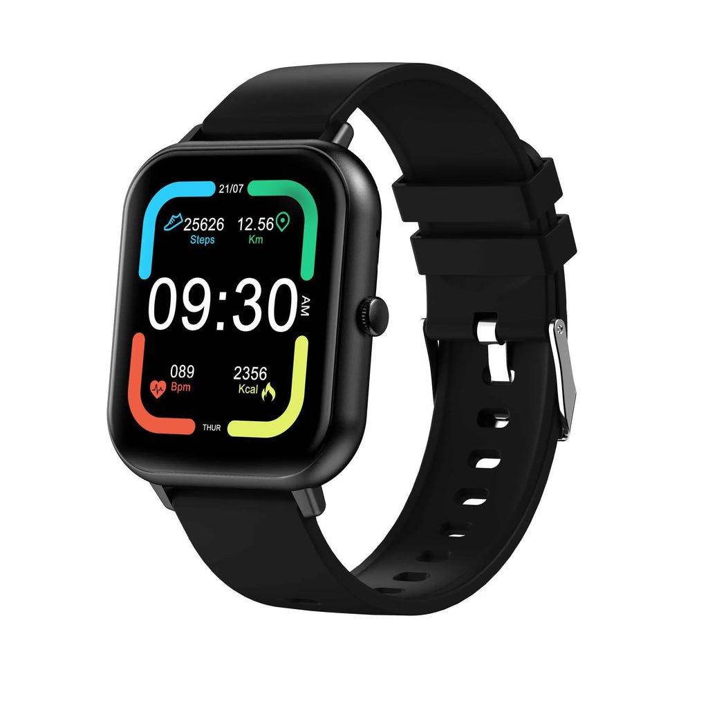 Bluetooth smart watch in black with AI voice, heart rate monitor, and TFT touch screen on wrist.