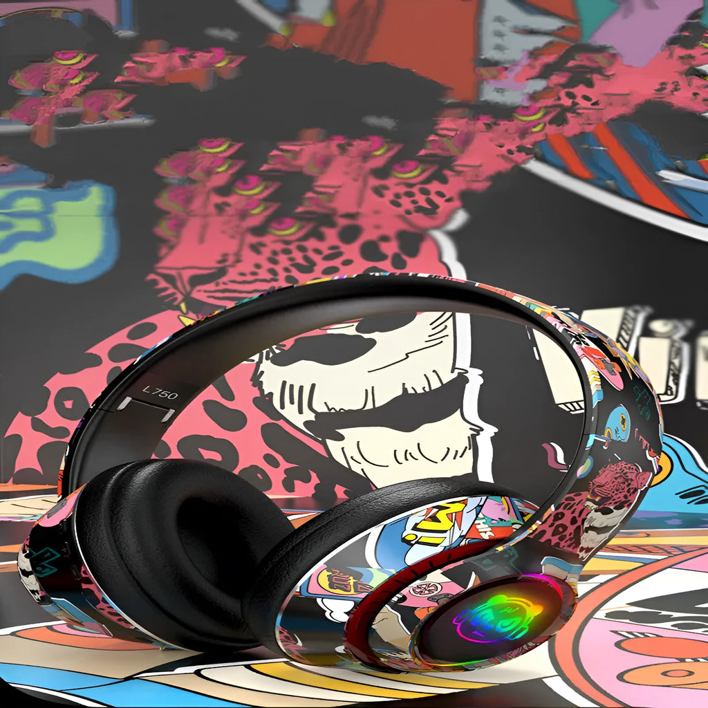 Graffiti wireless Bluetooth headset in black on a plain background with over-ear design