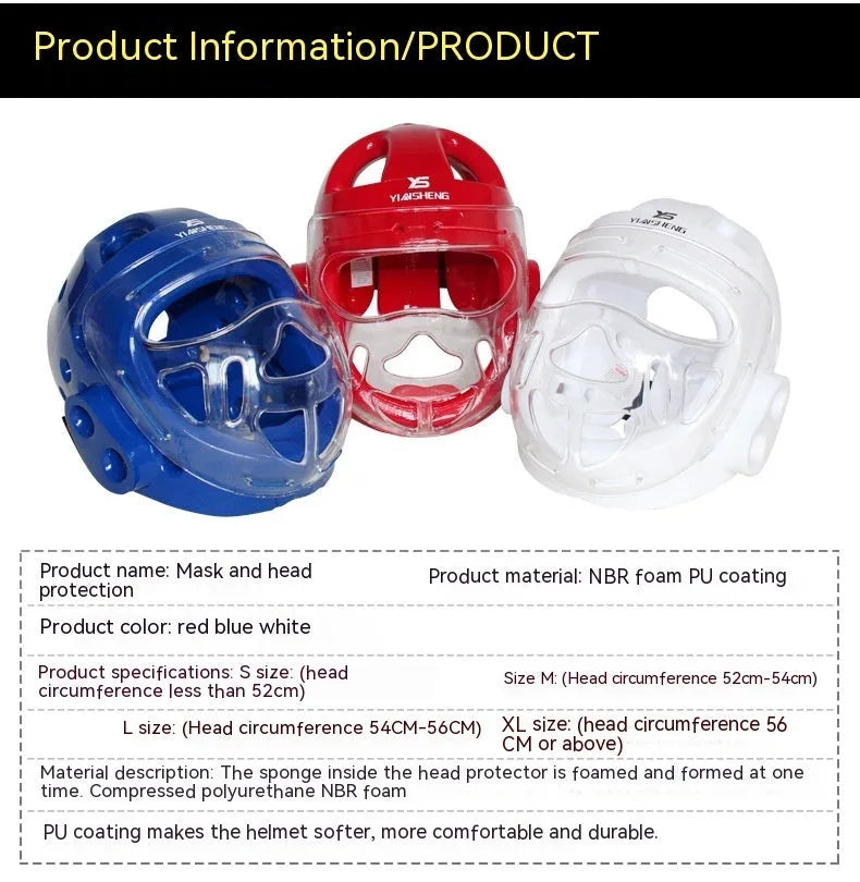 Karate helmet protective equipment for boxing in white, blue, or red colours available in S, M, L, XL sizes