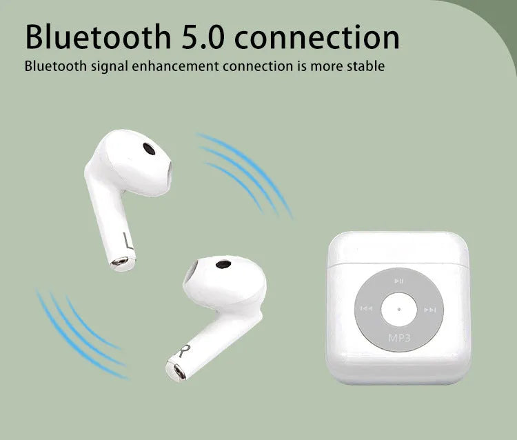 White semi in-ear wireless Bluetooth earphones with charging case showing noise reduction and call functionality