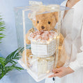 Bear doll with soap flower rose bouquet in clear case, available in 30cm, 40cm, and 50cm sizes