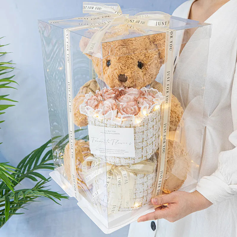 Bear doll with soap flower rose bouquet in clear case, available in 30cm, 40cm, and 50cm sizes