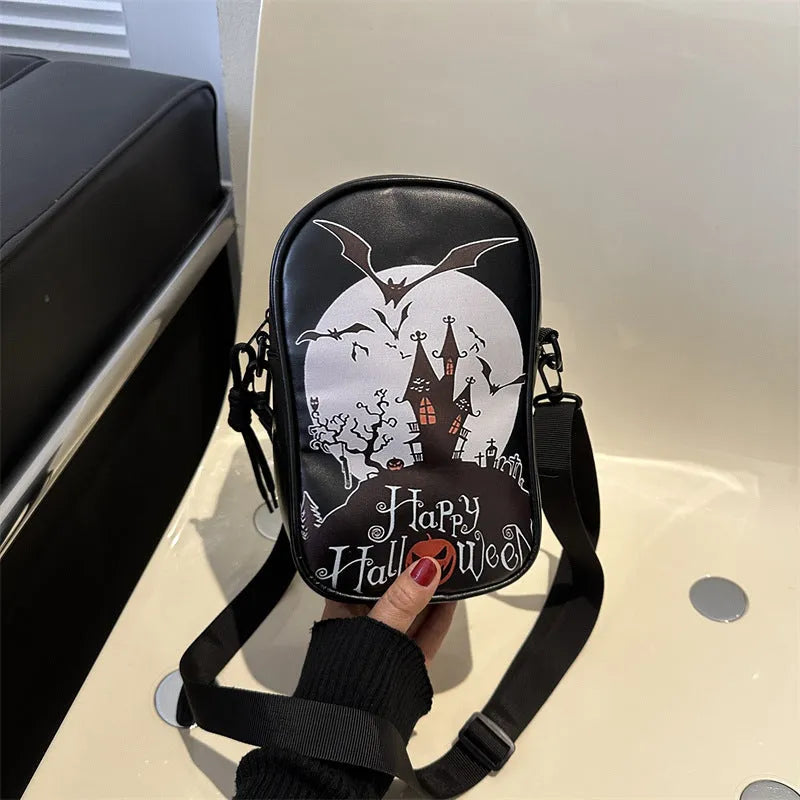 Halloween graffiti crossbody phone bag with pumpkin ghost bat prints in multiple colours