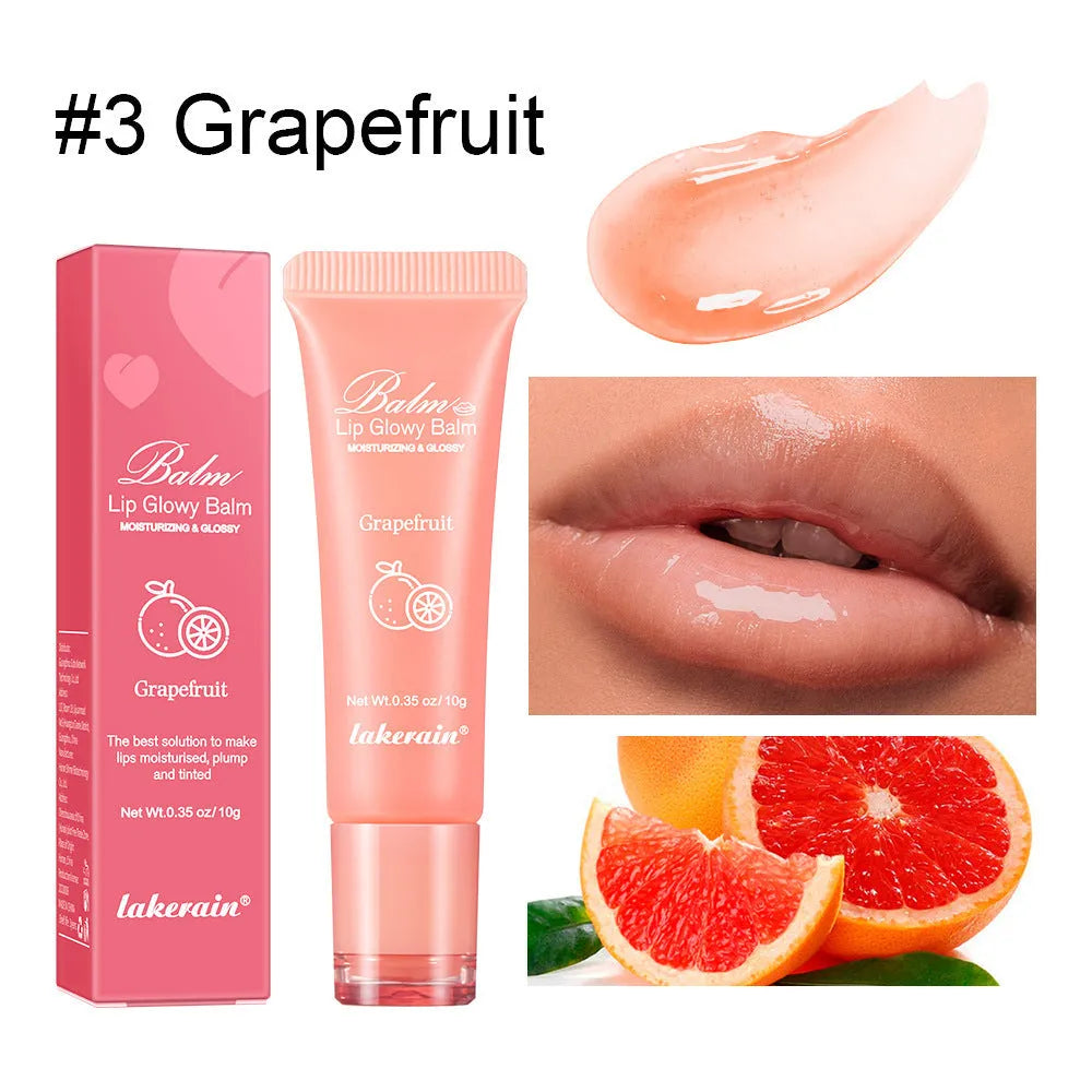 Natural finish lip gloss in berry, grape, grapefruit, and yellow peach flavour colours