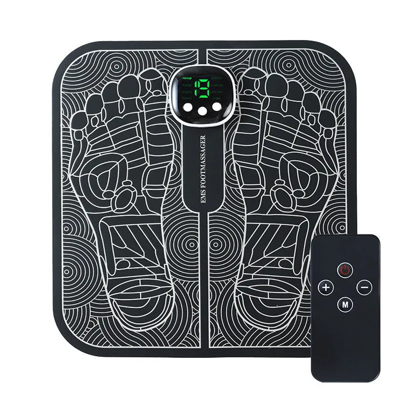Blue USB-rechargeable foot massager mat with remote control on a wooden floor.