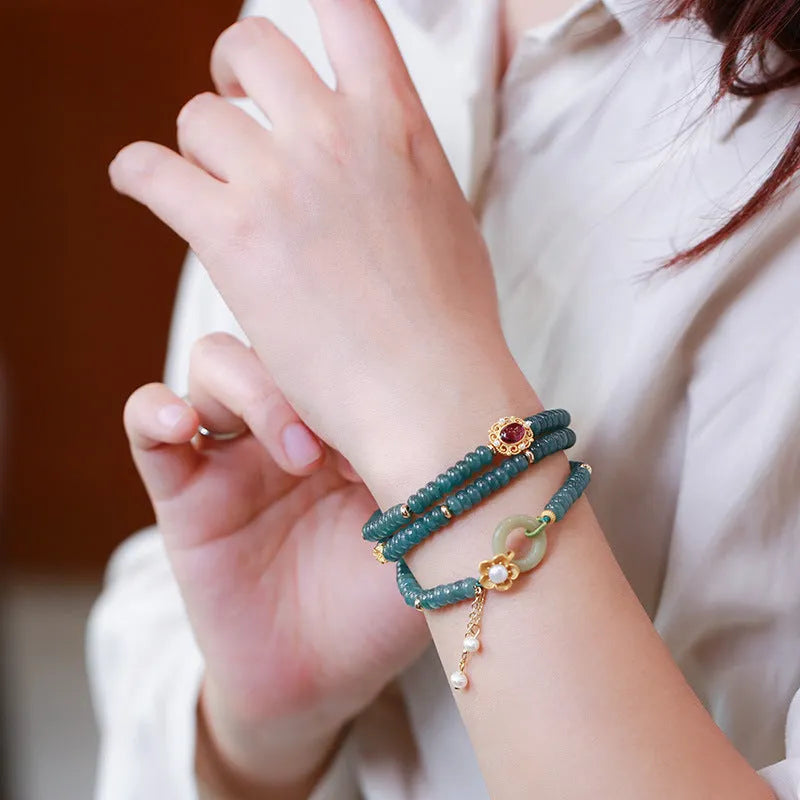 Natural blue water jade abacus beads bracelet with tourmaline and pearl three rings design, beads under 4mm