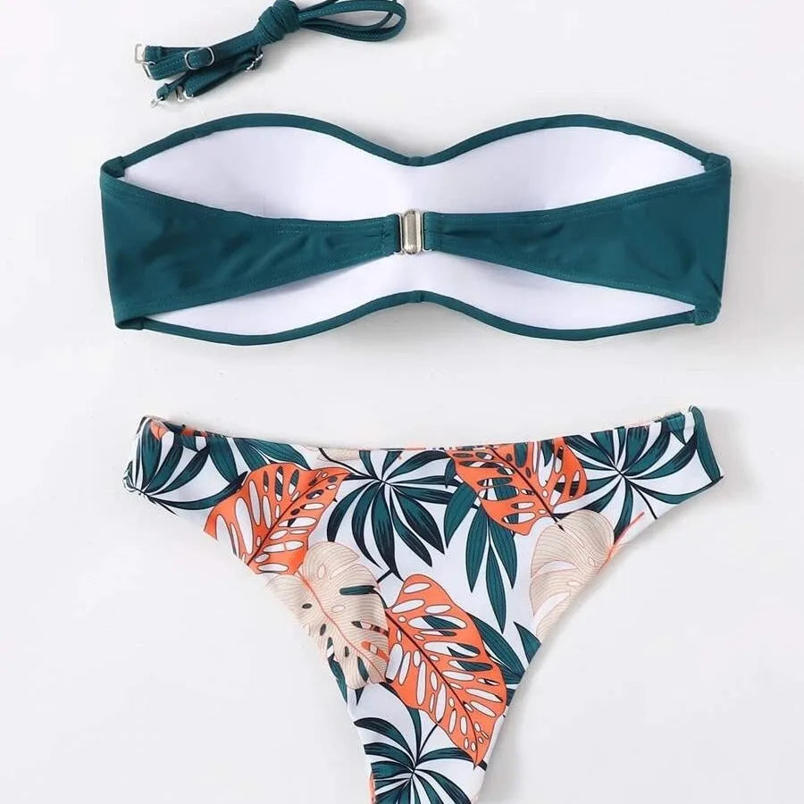 Split push up hard bag bikini swimsuit in fluorescent green with colour-matching pattern for swimming and wading