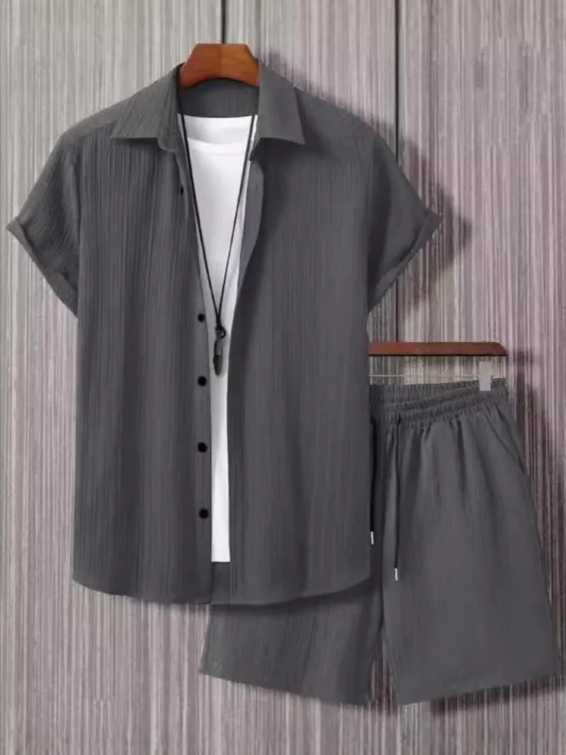 Men's jacquard patterned short-sleeve shirt and matching shorts suit set in a solid colour.
