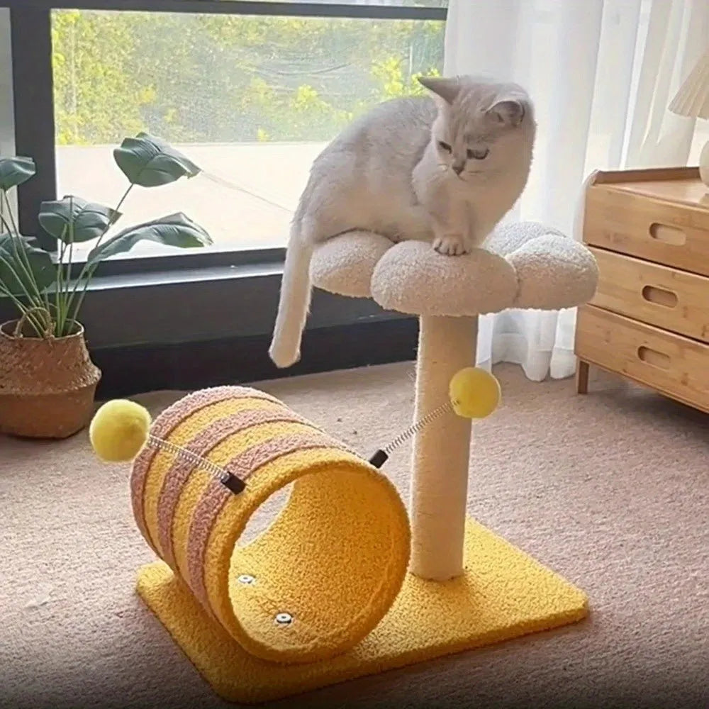 Yellow bee-themed cat climbing frame with sisal scratching post, tunnel, and platforms.