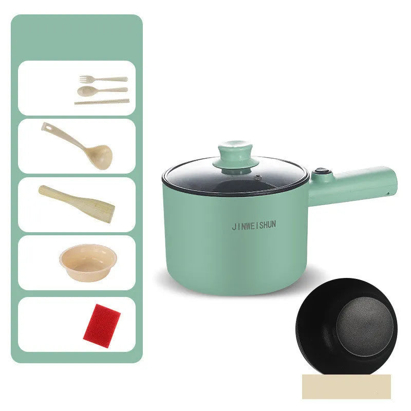 Mini hot pot electric cooker with stainless steel body, non-stick pot, available in green, compact size 12.7x17x15 cm