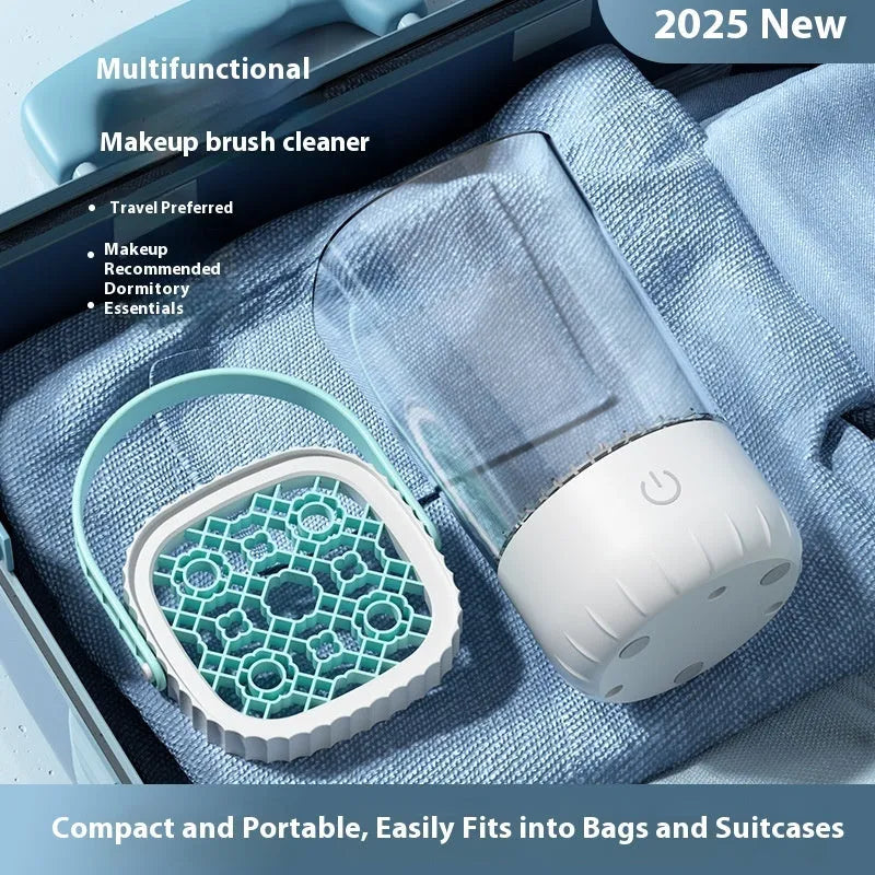 White plastic rechargeable electric makeup brush cleaner with USB charging cable