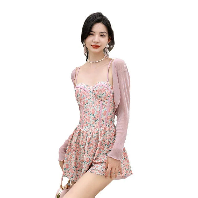 Women's floral one-piece suspender swimsuit in green made from quick-drying nylon fabric