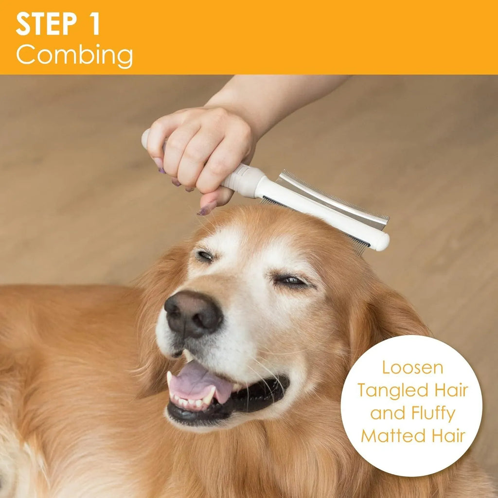 White double-sided pet grooming brush with comb and deshedding head on a curved ergonomic handle.