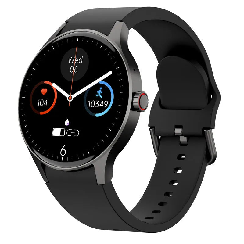 Black smart sport watch with round touch screen on a wrist, showing a fitness stat display.