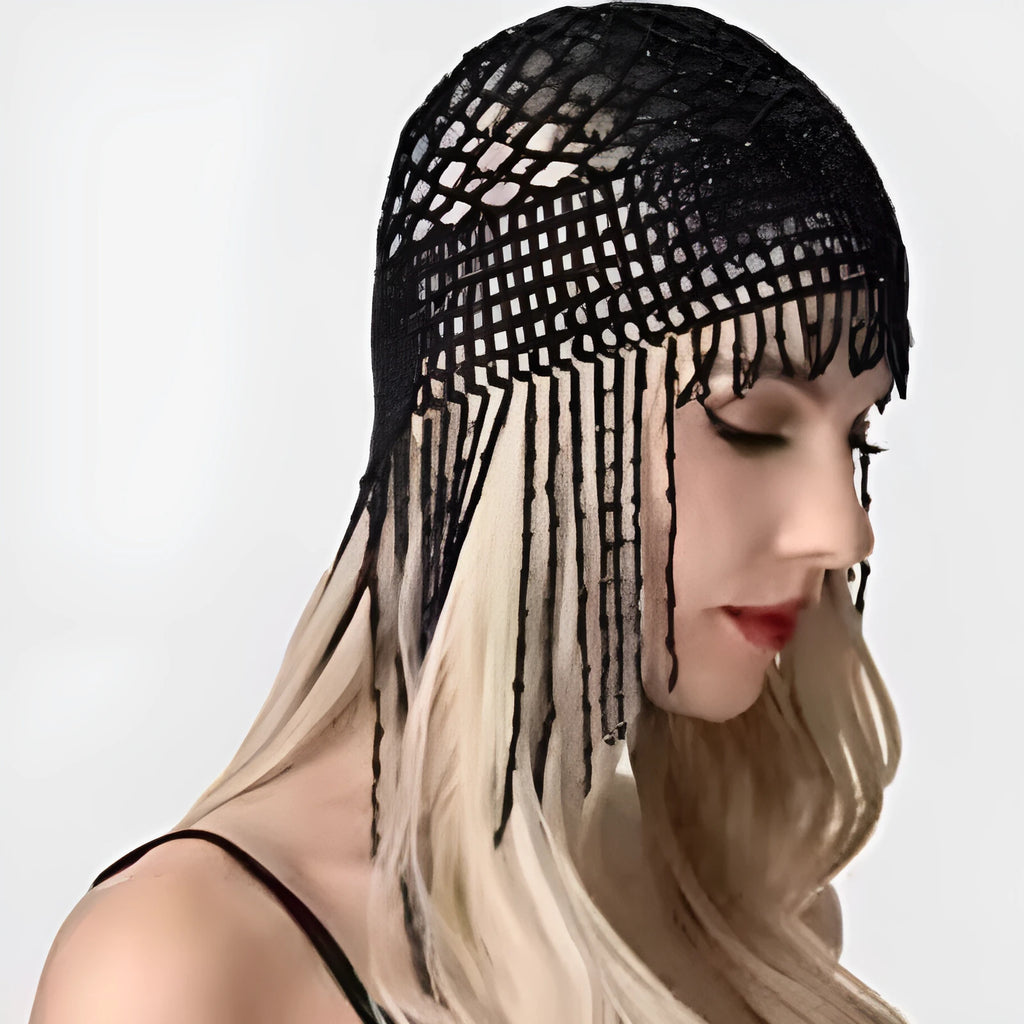 Handmade belly dance hat with beaded alloy construction and tassels in black or silver