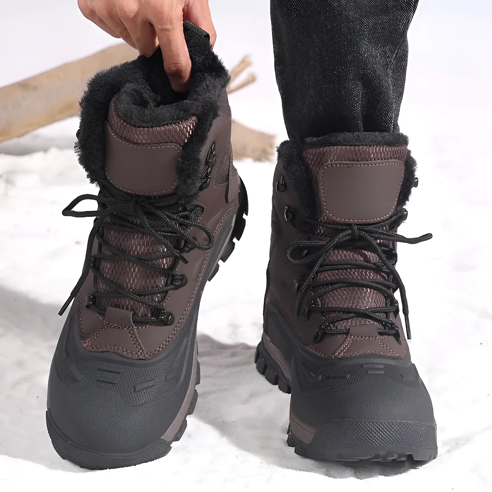 Men's black fleece-lined high-top lace-up boots with tall crown and TPR rib sole