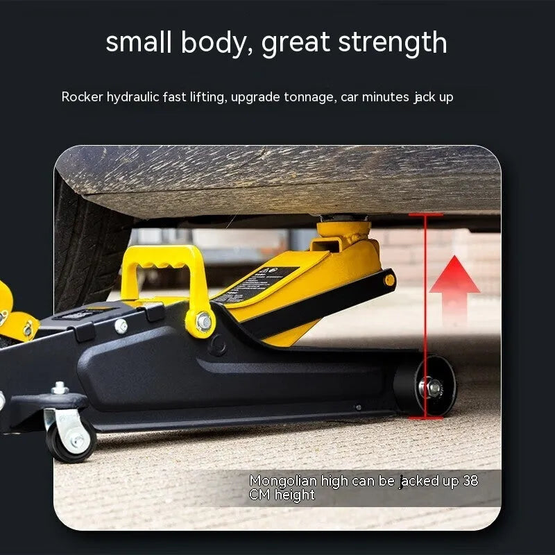 Horizontal low-profile hydraulic car jack with handle and compression member for tyre changes