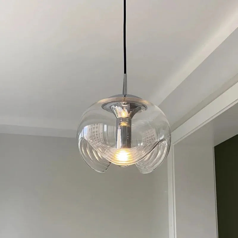 Modern minimalist glass bedside chandelier with 250mm diameter and transparent, amber or smoky grey light colour options