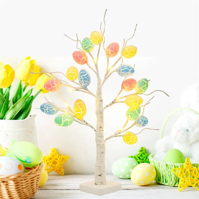 60cm LED birch tree with warm white lights and cracked egg ornaments on a tabletop