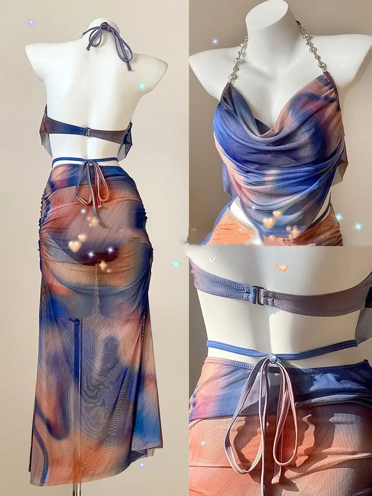 Blue printed women's three-piece bikini set with steel bracket push-up top and matching skirt