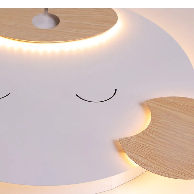 Creative cartoon bear ceiling lamp with PMMA lampshade, wrought iron mount, and wood grain finish, large size 54x46x4cm