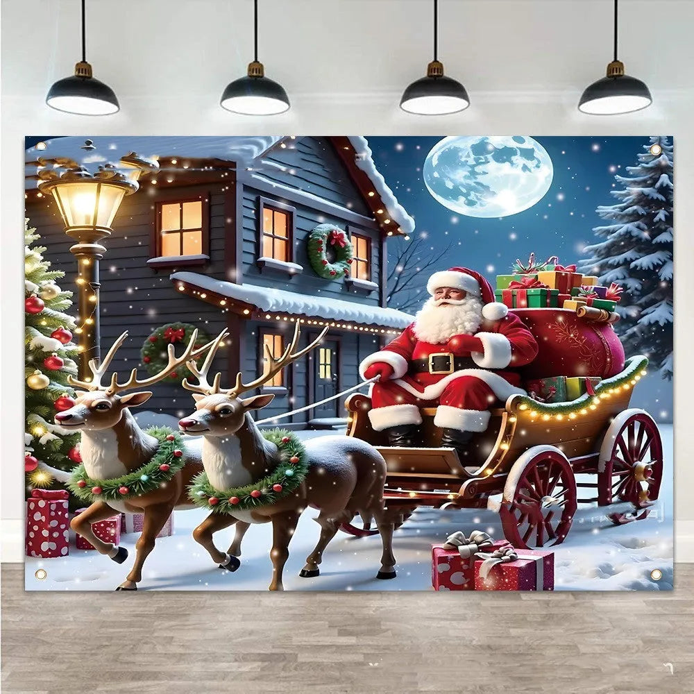 Santa Claus Christmas banner with gifts under night sky on polyester fabric 210x150cm