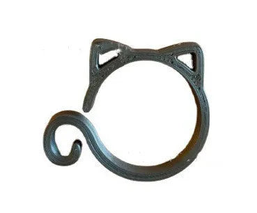 Red plastic plant clip in the shape of a cat, shown next to a small plant stem.
