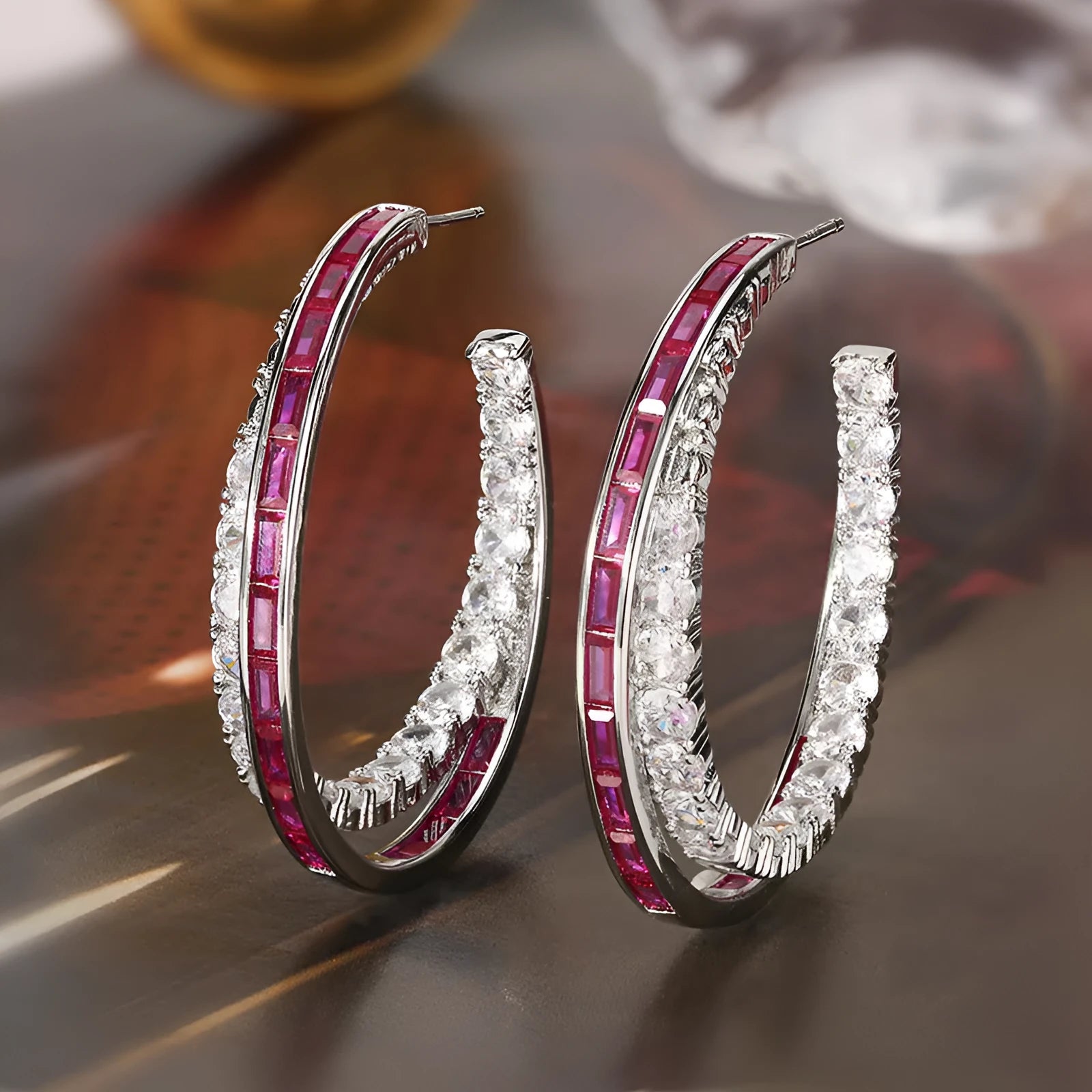 Women's geometric copper earrings with zirconia, silver needle design, red corundum colour option