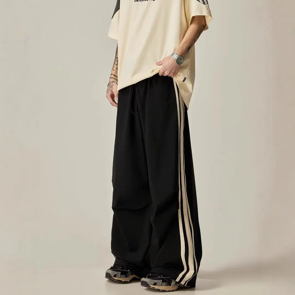 Black men's wide leg climbing trousers with high waistband and straight-leg casual design