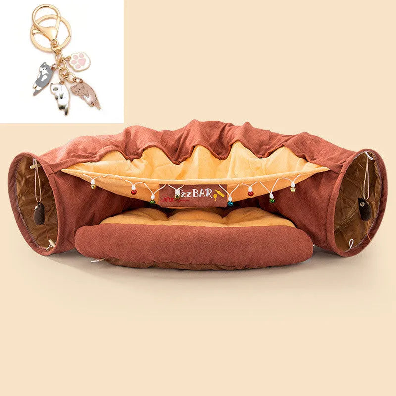 Collapsible pink cloth cat tunnel for small cats folded next to unfolded tunnel
