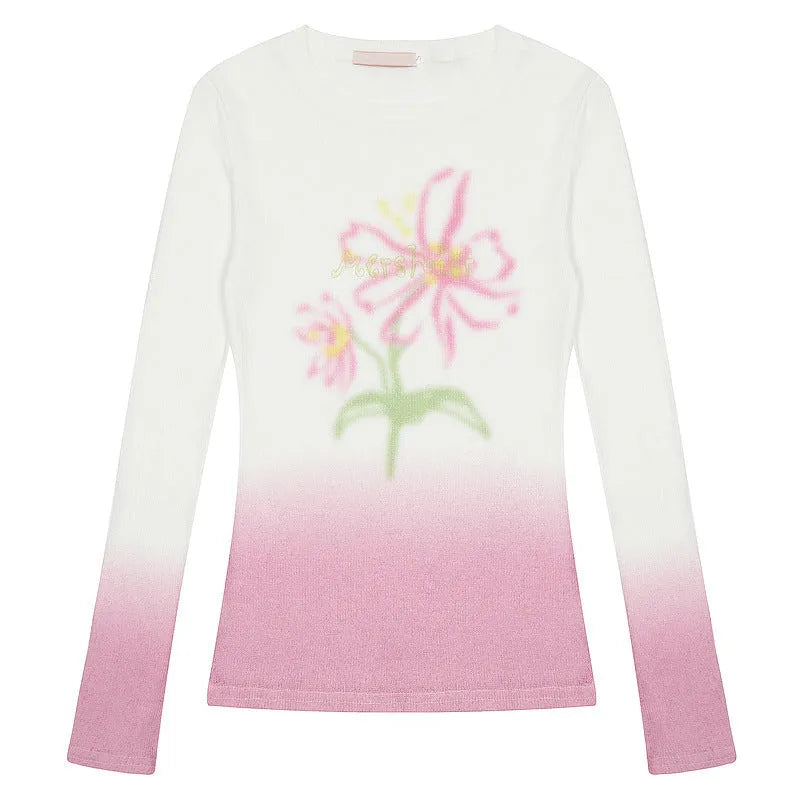 Gradient flower long-sleeved T-shirt for women in light pink, thin polyester fabric