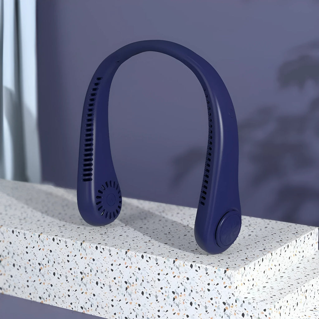 Blue portable bladeless neck fan with flexible collar and USB charging cable