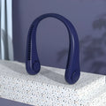 Blue portable bladeless neck fan with flexible collar and USB charging cable
