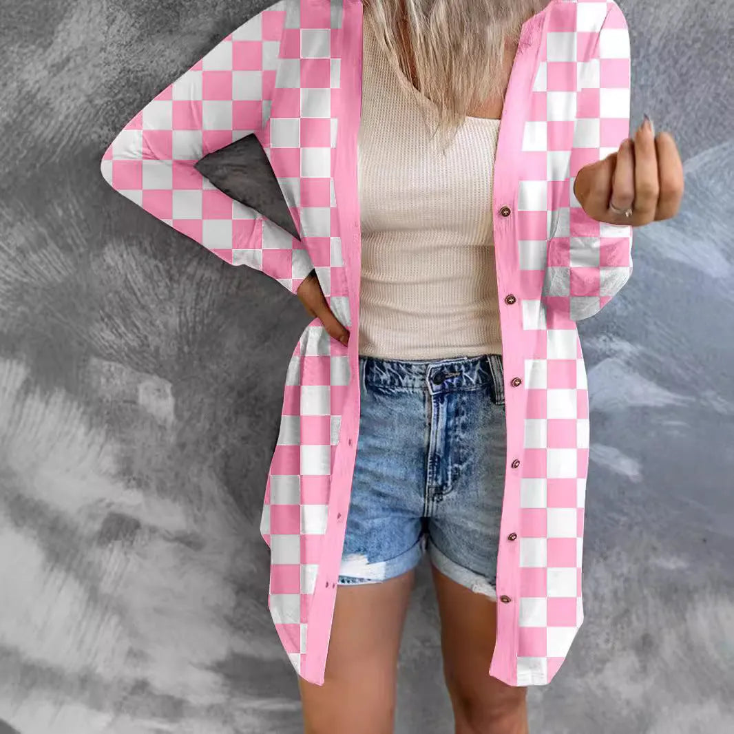 Long grey women's plaid patterned loose knit cardigan coat with regular sleeves on a hanger.