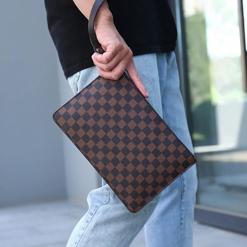 Men's black checkered PU leather clutch wallet showing card slots and zip pocket